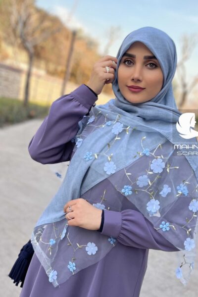 روسری تور گلدوزی آبی