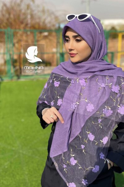 روسری تور گلدوزی بنفش