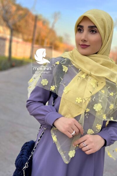 روسری تور گلدوزی زرد