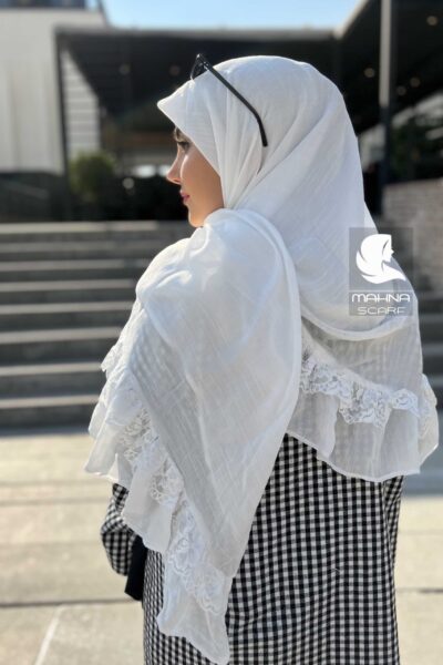 روسری دو چین توردار سفید
