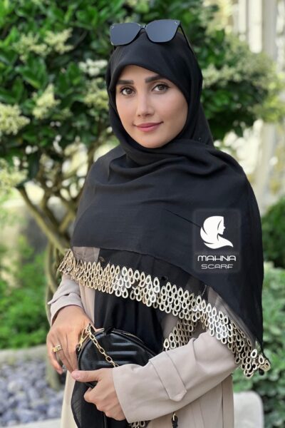 روسری مشکی تور پولکی اشکی طلایی