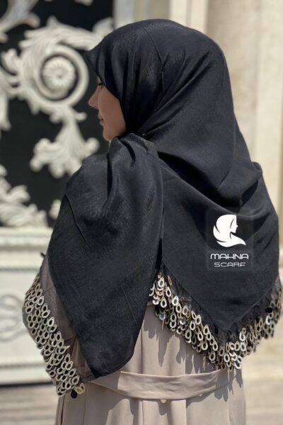روسری مشکی تور پولکی اشکی طلایی