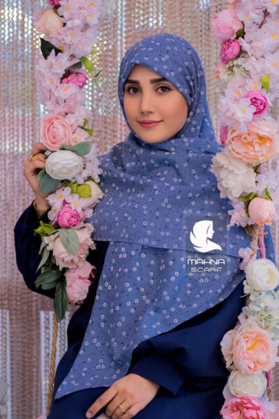 روسری وال نخی ژاکارد گلدار آبی تیره