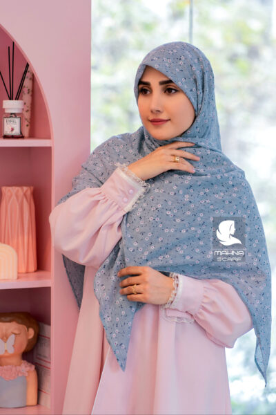روسری وال نخی ژاکارد گلدار آبی روشن