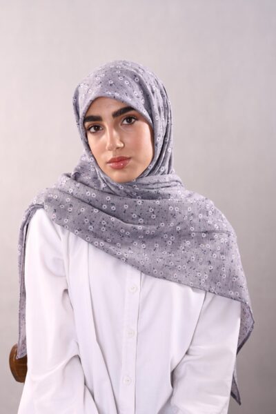 روسری وال نخی ژاکارد گلدار طوسی