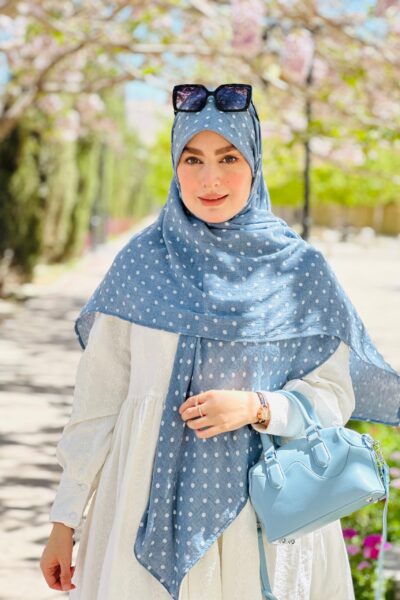 روسری وال نخی ژاکارد خالخالی آبی