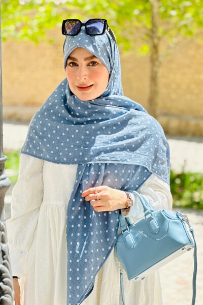روسری وال نخی ژاکارد خالخالی آبی